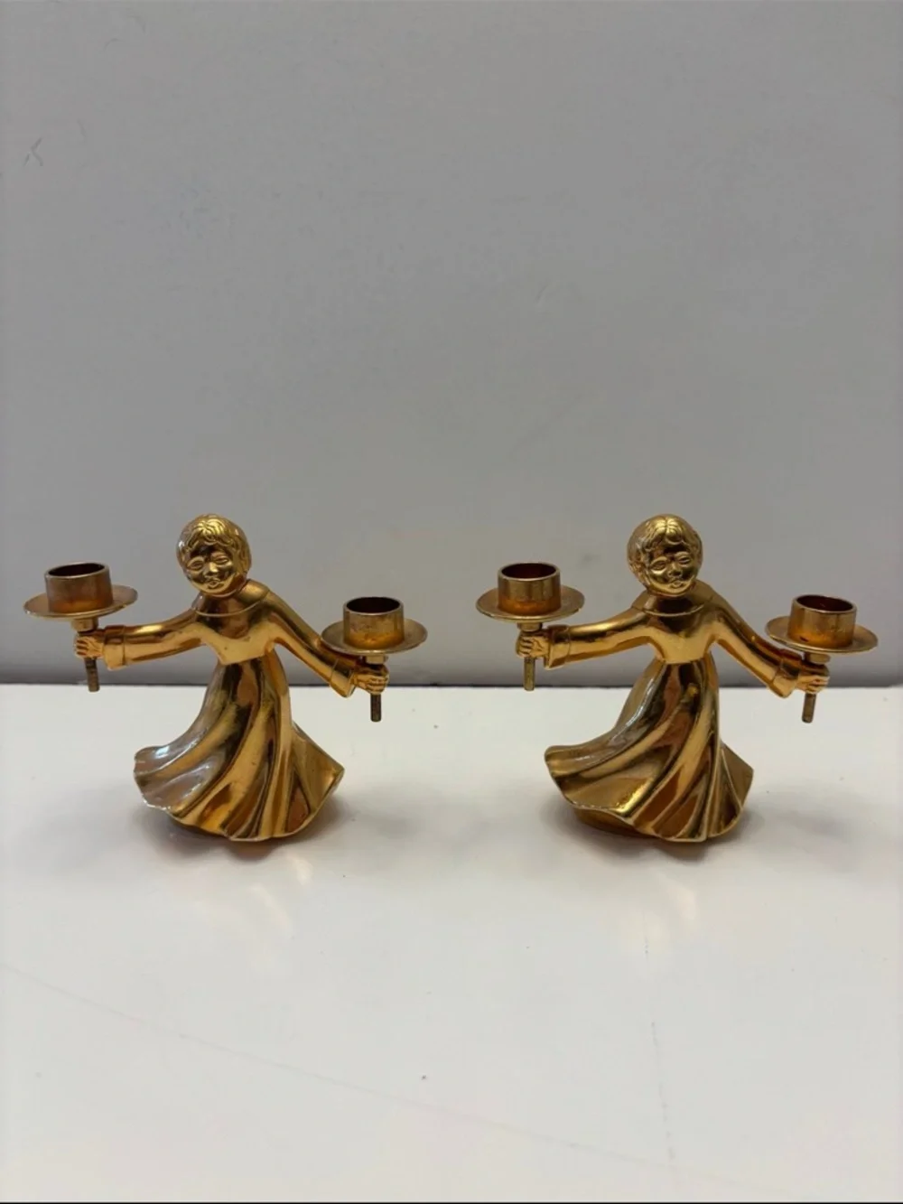 Brass Dancing Angel Double Candle Holder Pair
